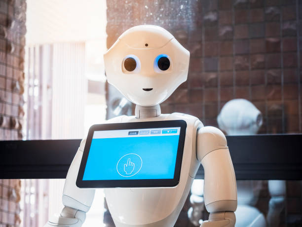 Tokyo, Japan - April 11, 2018 :Pepper Robot Assistant with Information screen Japan Humanoid technology stock photo
