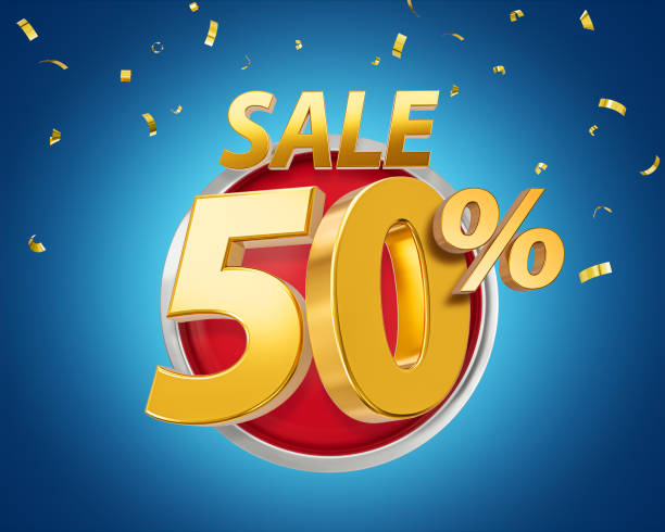 50 percent Off Discount 3d golden sale symbol with confetti. Sale banner and poster 3d illustration stock photo