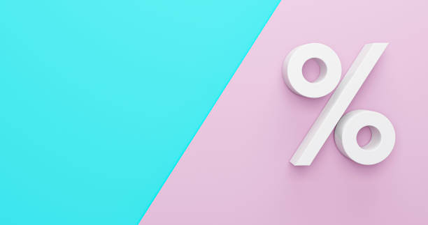 Percentage icon 3D yellow on blue pink pastel background 3d illustration stock photo