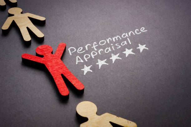 Performance appraisal words with five stars and figure of employee. stock photo