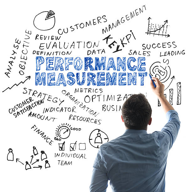 Performance Measurement Man in blue business shirt explaining the Performance Measurement on whiteboard, key performance metrics stock pictures, royalty-free photos & images