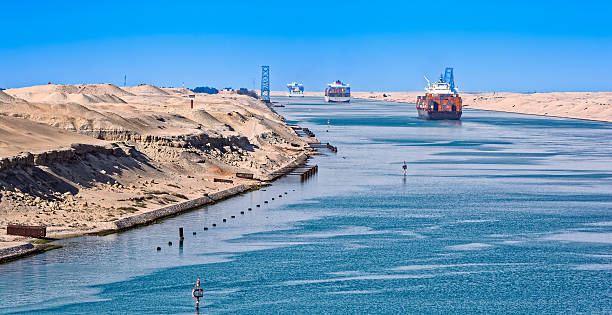Perpective of the Suez Canal and ships passing through Ship's convoy passing through Suez Canal canal stock pictures, royalty-free photos & images