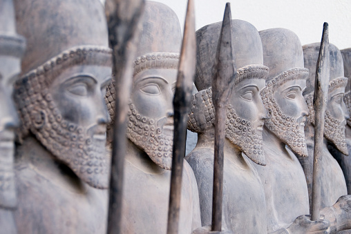 Lined up Persian warrior statues in Tehran, Iran.