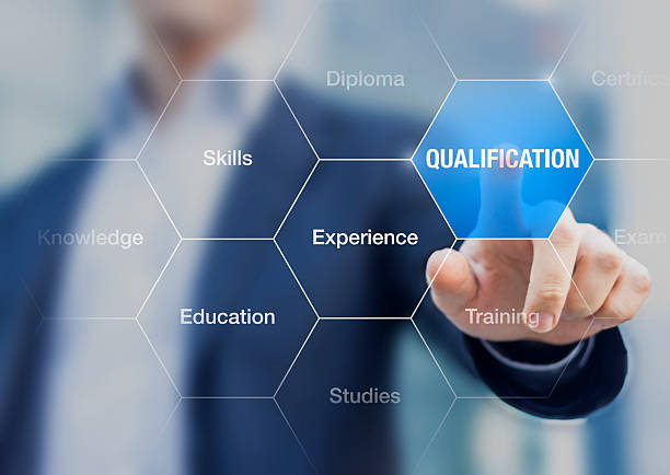 Person touching button qualification, concept about professional certification Person touching button with word qualification, concept about professional certification for skilled work test results stock pictures, royalty-free photos & images