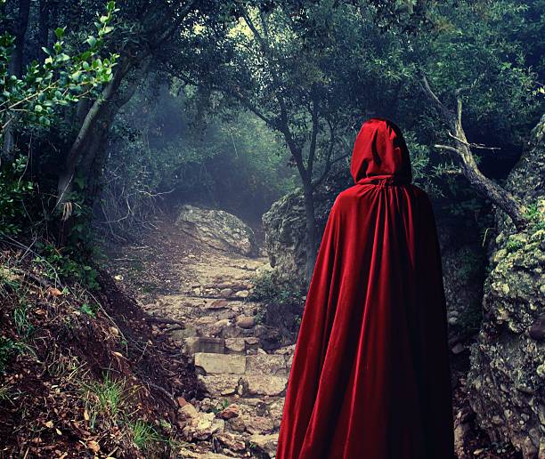 Person wearing red cloak in a forest. stock photo