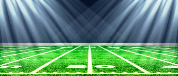 Perspective of football field. Football stadium with white lines marking the pitch. Perspective elements.Ragby football field with white lines marking the pitch. 3d illustration. Football stadium with white lines marking the pitch. Perspective of football field. Perspective elements.Ragby football field with white lines marking the pitch. 3d illustration. american football field stadium stock pictures, royalty-free photos & images