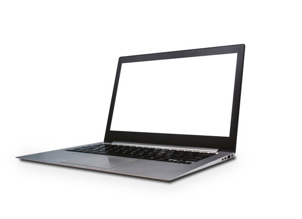 vista prospettica del laptop dal design sottile moderno con schermo vuoto, isolato su sfondo bianco con percorso di ritaglio - fotografia immagine foto e immagini stock