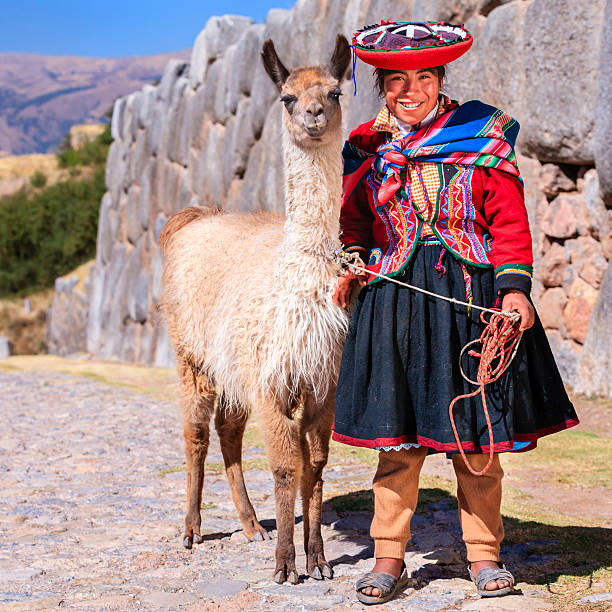 Peruvian girl wearing national clothing posing with llama near Cuzco The Sacred Valley of the Incas or Urubamba Valley is a valley in the Andes  of Peru, close to the Inca capital of Cusco and below the ancient sacred city of Machu Picchu. The valley is generally understood to include everything between Pisac  and Ollantaytambo, parallel to the Urubamba River, or Vilcanota River or Wilcamayu, as this Sacred river is called when passing through the valley. It is fed by numerous rivers which descend through adjoining valleys and gorges, and contains numerous archaeological remains and villages. The valley was appreciated by the Incas due to its special geographical and climatic qualities. It was one of the empire's main points for the extraction of natural wealth, and the best place for maize production in Peru.http://bem.2be.pl/IS/peru_380.jpg peru girl stock pictures, royalty-free photos & images