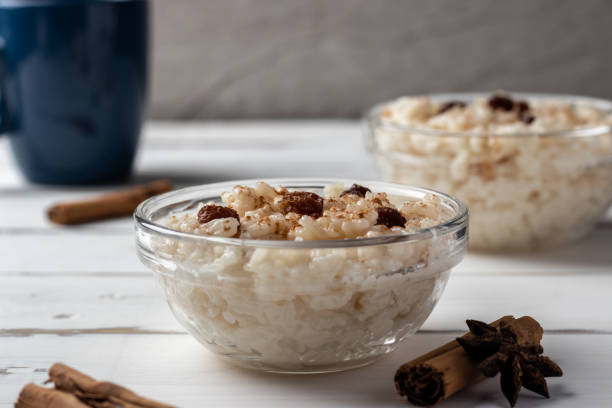 Peruvian rice with milk dessert with cinnamon, Traditional sweet food. Arroz con leche. stock photo