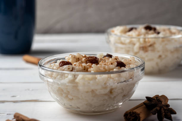 Peruvian rice with milk dessert with cinnamon, Traditional sweet food. Arroz con leche. stock photo