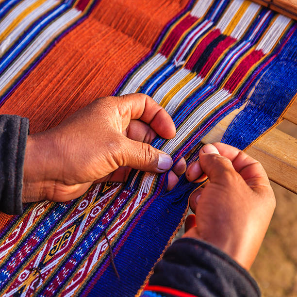 Peruvian woman weaving, The Sacred Valley, Chinchero The Sacred Valley of the Incas or Urubamba Valley is a valley in the Andes  of Peru, close to the Inca capital of Cusco and below the ancient sacred city of Machu Picchu. The valley is generally understood to include everything between Pisac  and Ollantaytambo, parallel to the Urubamba River, or Vilcanota River or Wilcamayu, as this Sacred river is called when passing through the valley. It is fed by numerous rivers which descend through adjoining valleys and gorges, and contains numerous archaeological remains and villages. The valley was appreciated by the Incas due to its special geographical and climatic qualities. It was one of the empire's main points for the extraction of natural wealth, and the best place for maize production in Peru.http://bhphoto.pl/IS/peru_380.jpg peru woman stock pictures, royalty-free photos & images
