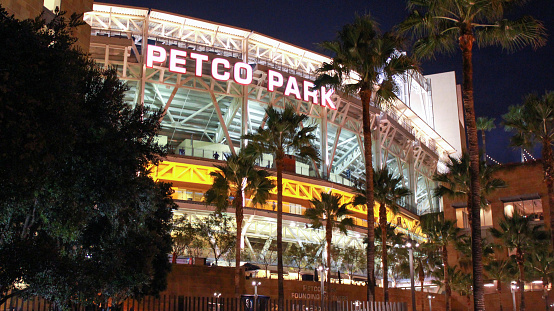 San Diego, CA, USA - September 15, 2014: Petco Park at night, home field stadium of the San Diego Padres Major League Baseball team, in downtown San Diego.