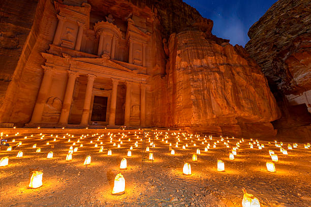 Petra by Night in Jordan. stock photo