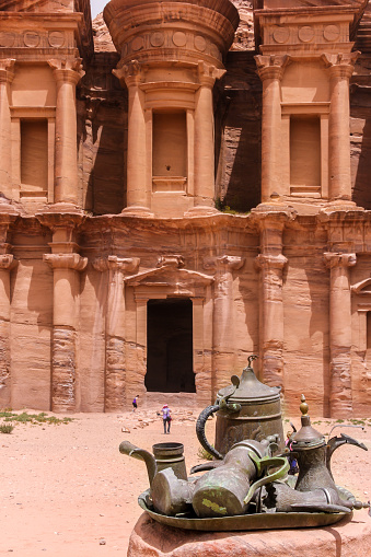 Petra, Jordan - April 20. 2014: The famous Petra monastery with Bedouins Tea and coffee pots, Jordan