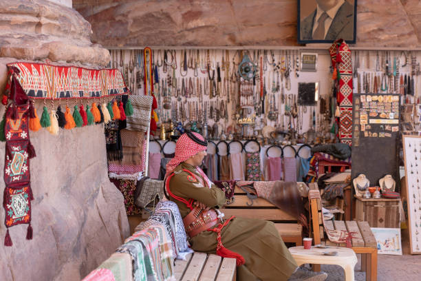 Petra/Jordan-november 20 2018: Traditionally dressed Arab soldier is in a souvenir shop stock photo