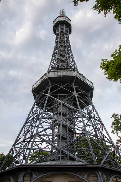 Petrin Lookout Tower in prague city stock photo