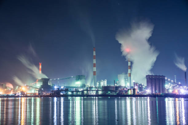 Petro chemical factory at night stock photo