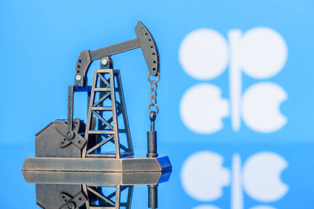 Petroleum, petrodollar and crude oil concept : Pump jack and flag of OPEC or Organization of Oil Exporting Countries stock photo