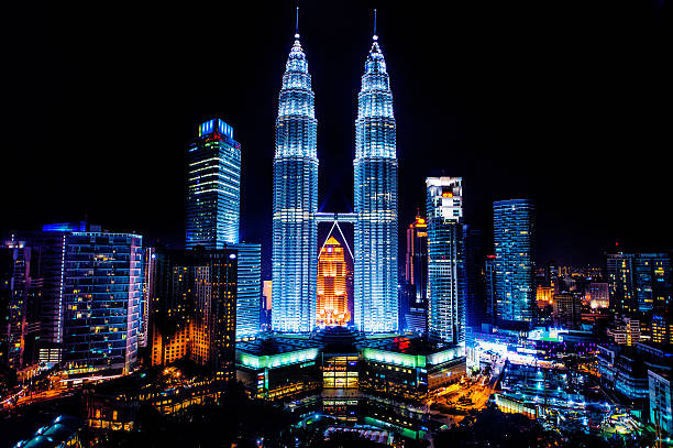 Petronas Towers at night Panoramic night scene of Kuala Lumpur, Malayisia and Petronas Towers at night. petronas towers stock pictures, royalty-free photos & images