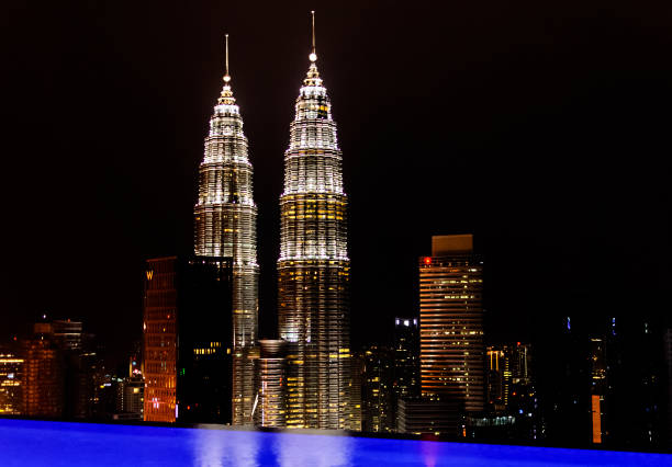 Petronas towers night view from infinity pool. Kuala Lumpur, Malaysia stock photo