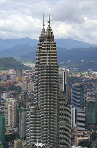 Petronas Twin Towers Aerial view of the Petronas Twin Towers in Kuala Lumpur, Malaysia. central market kuala lumpur stock pictures, royalty-free photos & images
