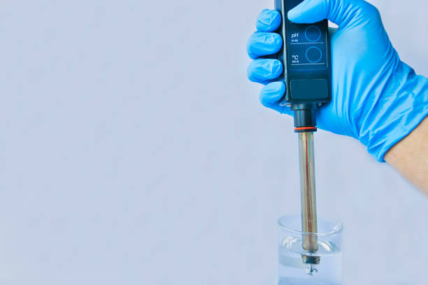 pH meter Testing of pH electrodes for measuring hydrogen ions in solutions used in laboratory or in research facilities or scientist in laboratory. electrode stock pictures, royalty-free photos & images