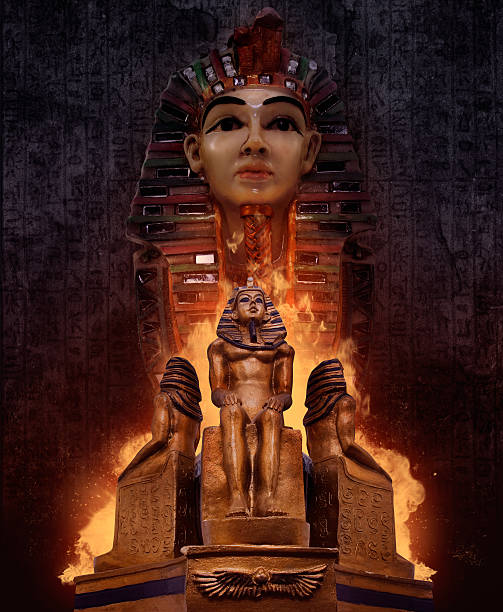 Pharaoh`s tomb statues. Composition of ancient egyptian pharaoh`s tomb statues with fire & symbolic rusty walls on background. king tut stock pictures, royalty-free photos & images