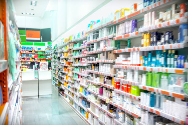Pharmacy Interior Medicines displayed at pharmacy aisle stock pictures, royalty-free photos & images