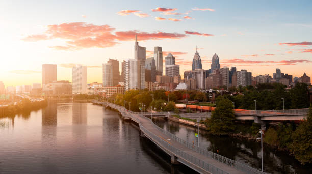 Philadelphia, Pennsylvania, United States of America Philadelphia, Pennsylvania, United States of America. Aerial Panoramic View of a Modern Downtown City. Sunset Sky Composite. Cityscape Panorama urban skyline stock pictures, royalty-free photos & images