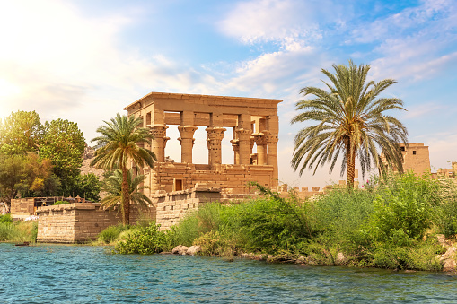 Philae island in the Nile and Trajan's Kiosk, Aswan, Egypt.