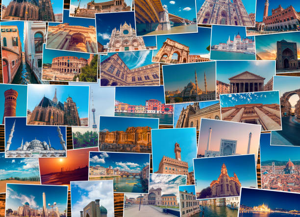 Photo collage made of diverse world travel destinations Photo collage on wooden surface made of diverse world travel destinations photos world map photos stock pictures, royalty-free photos & images