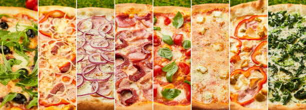 Photo collage with eight different types of pizza stock photo