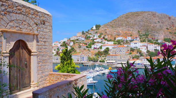 Photo from picturesque island of Hydra on a spring morning, Saronic Gulf, Greece stock photo