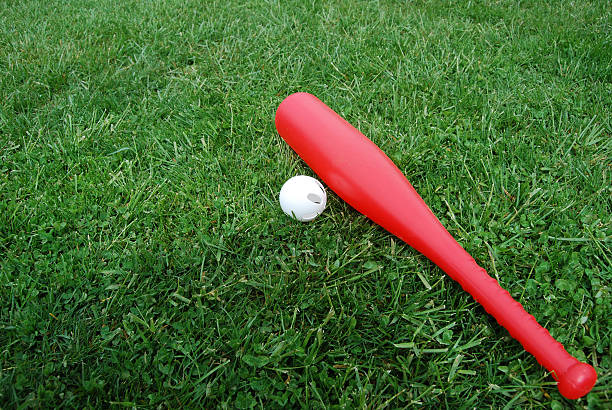 Photograph of a red bat and white ball lying on green grass stock photo