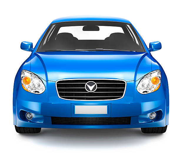 photorealistic illustration of blue car - frontaal stockfoto's en -beelden