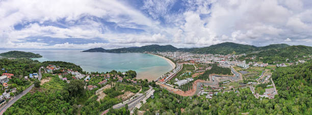Phuket Thailand patong bay. Panorama landscape nature view from Drone camera. Aerial view of patong city in phuket thailand. Beautiful sea in summer sunny day time stock photo