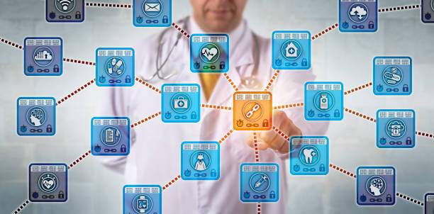 Physician Activating Healthcare Blockchain App stock photo