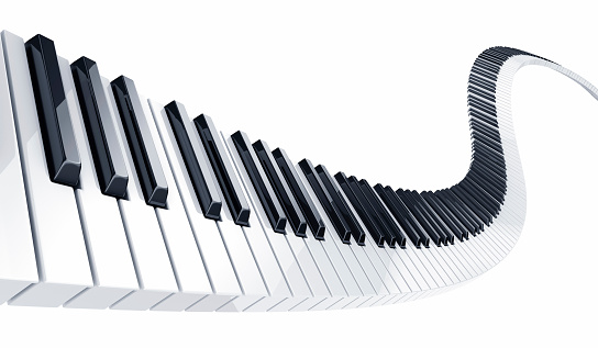 Piano keys in endless wave on white background