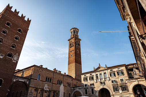 Verona, Piazza dei Signori also known as Piazza Dante, square in the historic center of the city. In the center the Lamberti tower (Torre dei Lamberti). UNESCO world heritage site, Veneto, Italy, Europe