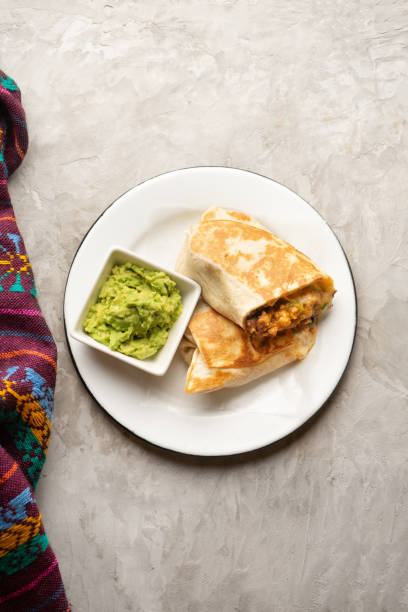 Picadillo burrito with beans and cheese. Mexican food stock photo