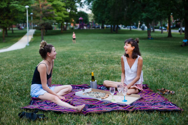 Picnic at the park tow people, young women, pizza, picnic natural parkland stock pictures, royalty-free photos & images