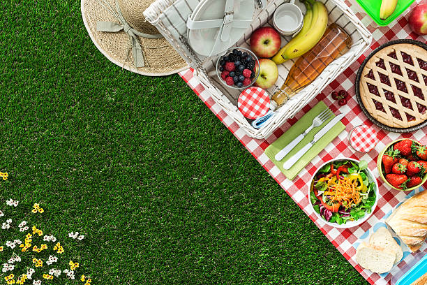 Picnic at the park Picnic at the park on the grass: tablecloth, basket, healthy food and accessories, top view picnic stock pictures, royalty-free photos & images
