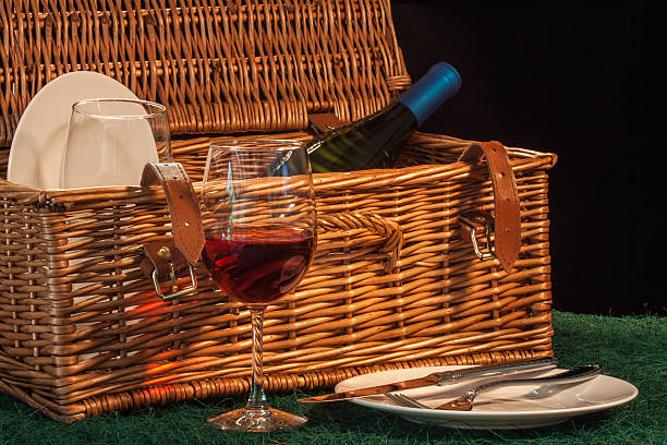 Picnic basket for two with wine stock photo