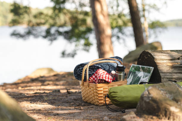 A picnic basket full of food, coffee and blankets A tent and a picnic basket is waiting to be unpacked in a forest. picnic stock pictures, royalty-free photos & images