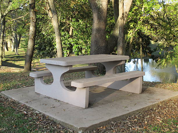 Picnic Table Near a Pond in a Park stock photo