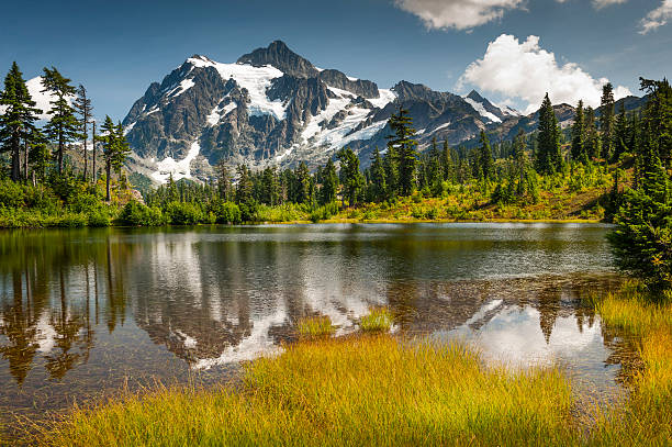 Picture Lake, Mt. Baker-Snoqualmie National Forest. Picture Lake is the centerpiece of a strikingly beautiful landscape in the Heather Meadows area of Mt. Baker, Washington, USA. cascade range stock pictures, royalty-free photos & images