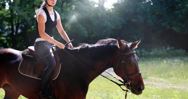 Foto van jong mooi meisje rijdt paard​​​ foto