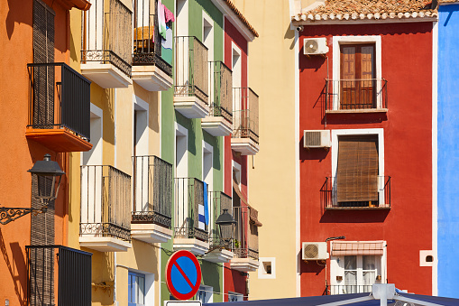 Picturesque colorful facades in mediterranean coast. Villajoyosa village, Alicante. Spain