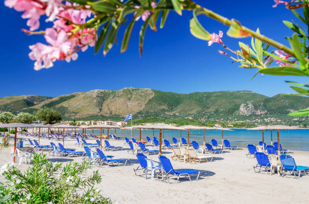 Picturesque sandy beach in Alykanas full of beautiful flowers and plants situated on the east coast of Zakynthos island, Greece. stock photo