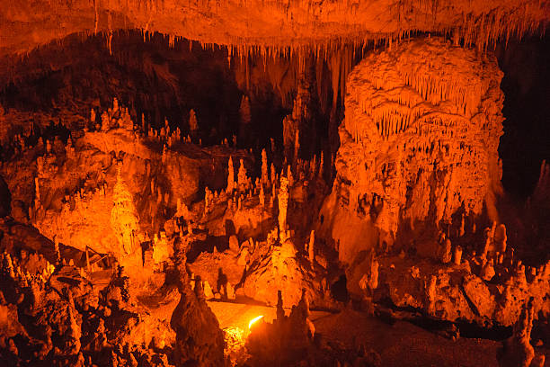 Picturesque stalactites and stalagmites in the cave of Perama, I stock photo